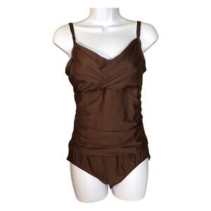 Athena Swim Brown One Piece Swimsuit Ruched Tummy Control Sz.12 EUC  Slimming